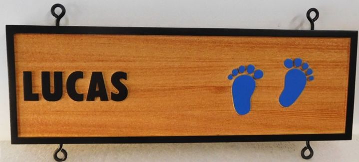 L21094 - Carved and Sandblasted "Lucas" Beach-house Sign made from Cedar Wood,  with Two Footprints in the Sand