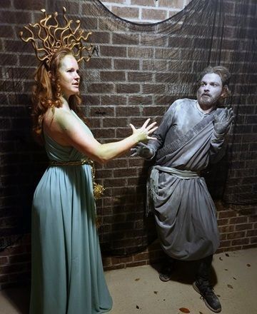 Upcycled/Thrifted costume example: Medusa and the man turned to stone