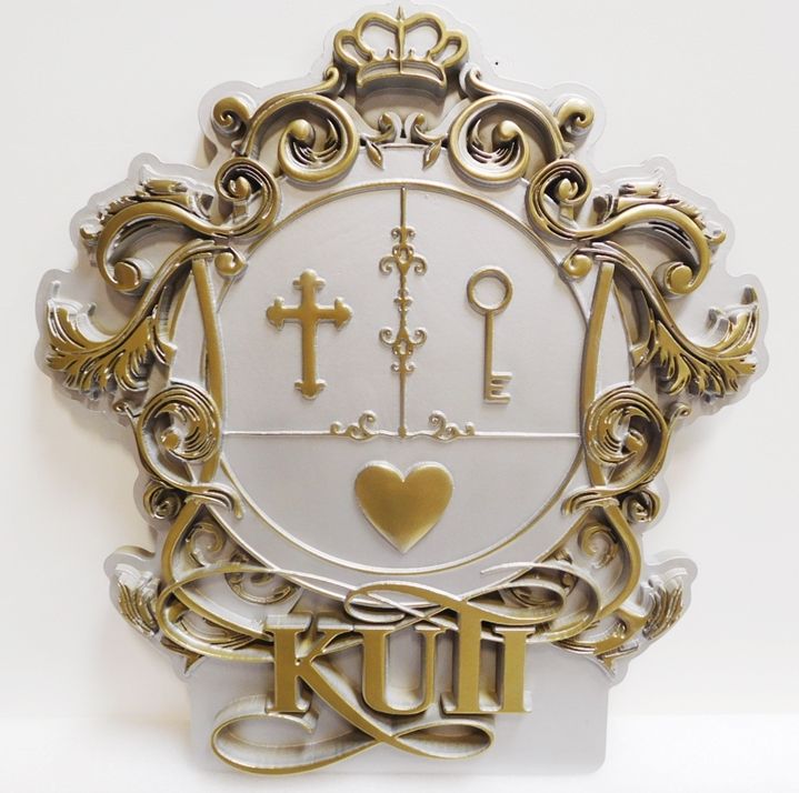 D13234 - Carved HDU Ornate Wall Plaque for a Church, 3-D Artist Painted with Cross, Heart and Key as Artwork