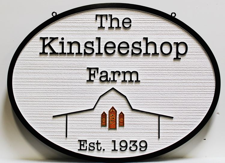 O24813 - Carved and Sandblasted Wood Grain  HDU sign for  "The Kinsleeshop Farm", with a Barn as Artwork 