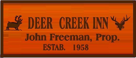 T29130 - Carved Engraved  Redwood Sign for the "Deer Creek Inn", with Deer as Artwork 