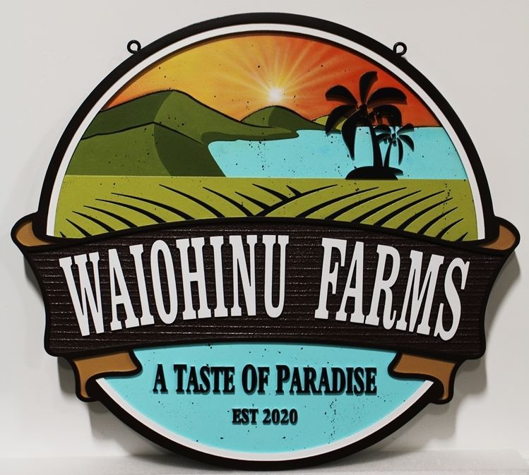 O24700 - Carved and Sandblasted HDU Sign for Waiohinu Farms in Hawaii, with a Scene of a Field, Mountains and Ocean Coastline as Artwork 