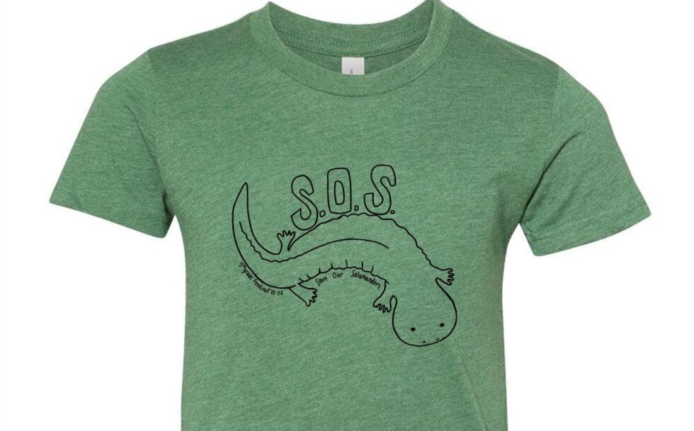 Tshirt that says SOS: Save our Salamanders and has a picture of a salamander on it