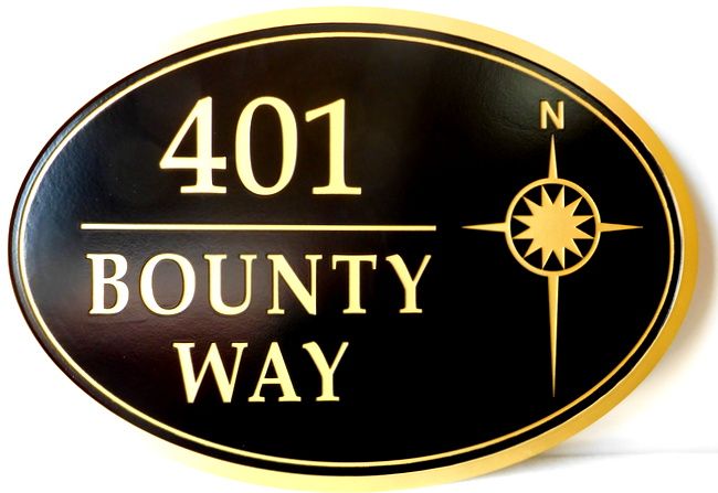 L21756 -  Carved Engraved HDU Residence Address Sign with Simple Compass Rose 