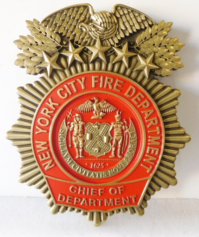QP - 1030 - Carved Wall Plaque of the  Badge of  New York City Fire Marshal, Brass Plated, Hand-Rubbed Black, Red Enamel Painted