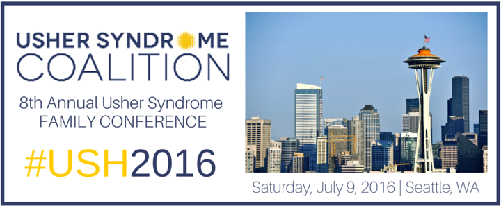 The 8th Annual Usher Syndrome Family Conference advertisement. The Space Needle in Seattle is pictured next to the words.