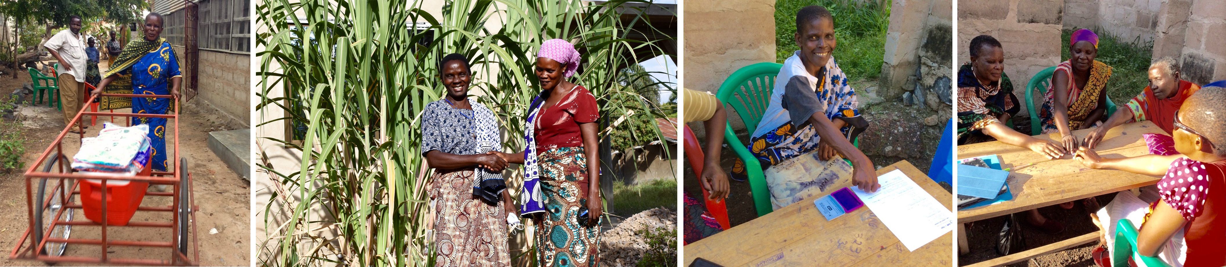 Collage of photos: 1. woman pushing around a cart, 2. two woman smiling in front of tall corn stalk, 3. woman stamping a piece of paper, 4. group of woman sitting around a table.