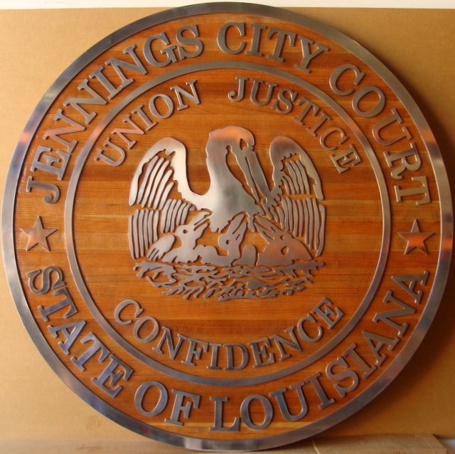 W32223 - Custom  2.5-D Cedar Wood  Plaque with Aluminum Text and Art, Made  for the Jennings City Court in Louisiana. 