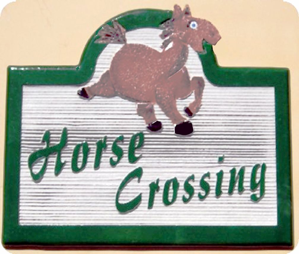 P25508 - Carved, Sandblasted Wood Look HDU Horse Crossing Sign with Cartoon of Horse 