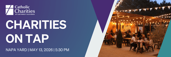 Banner promoting Charities on Tap with date and venue information and a picture of Napa Yard.