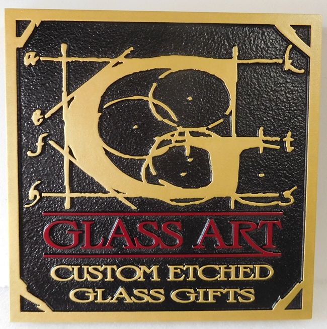 SA28413 - Carved 2.5-D  HDU  Sign for the "Glass Art" Gift Shop, with Gold Design for Etched Glass 