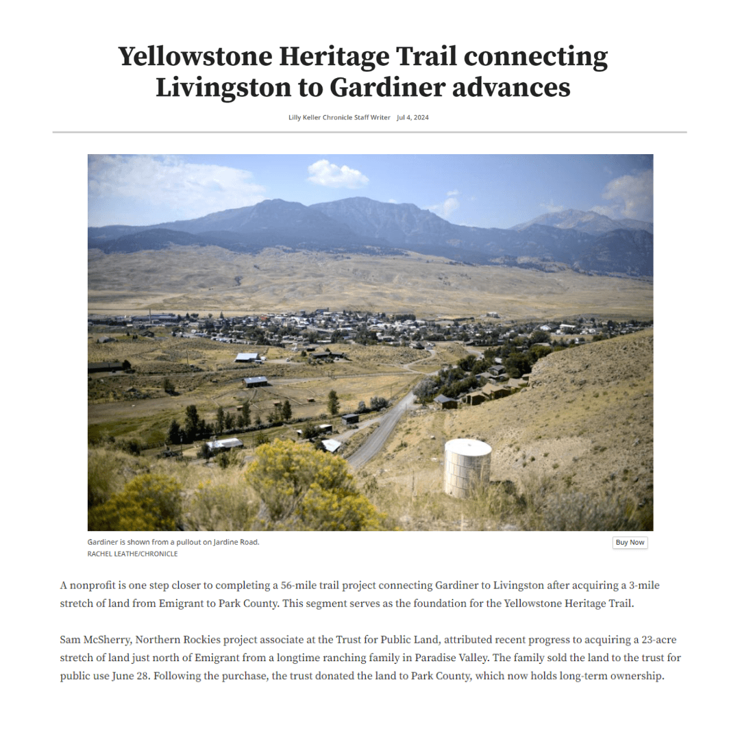 Yellowstone Heritage Trail connecting Livingston to Gardiner advances