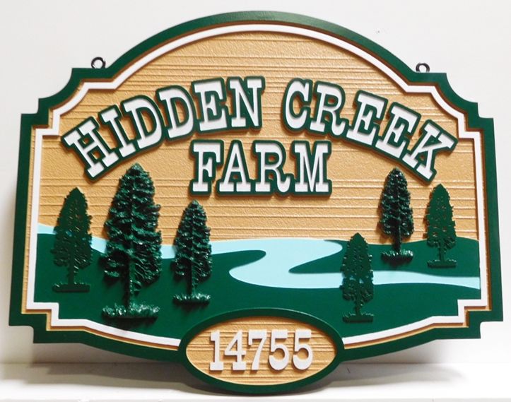 Q24844 - Carved and Sanddblasted  Address and Entrance Sign for  "Hidden Creek  Farm"  with a Scene of a  Creek and Trees as Multi-level Artwork