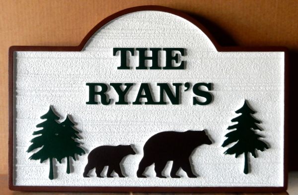 M22862 - Sandblasted, Carved HDU Mountain Residence Address Sign with Carved Bears and Pine Trees