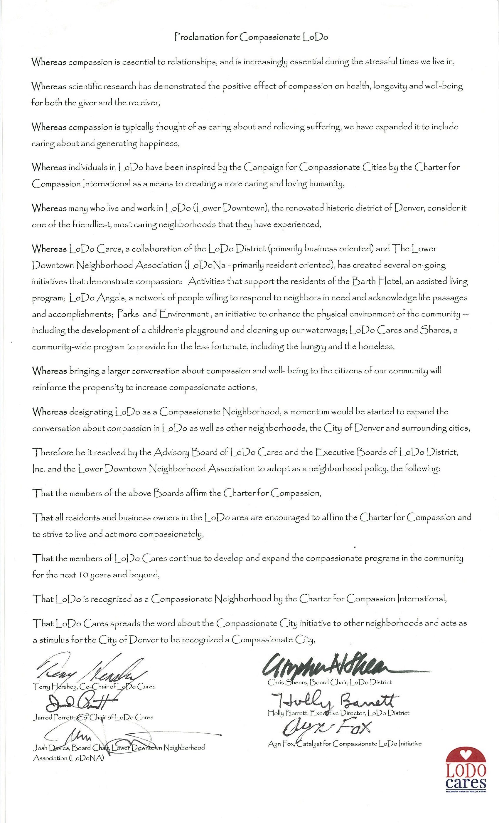 LoDo Neighborhood Proclamation document