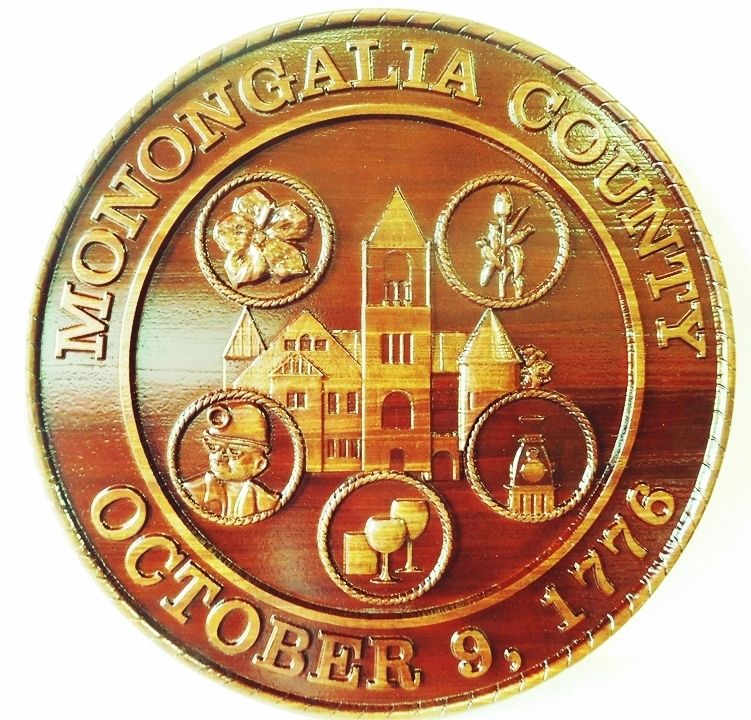 CP-1320 - Carved Plaque of the Seal of Monongalia County, West Virginia, Mahogany Wood