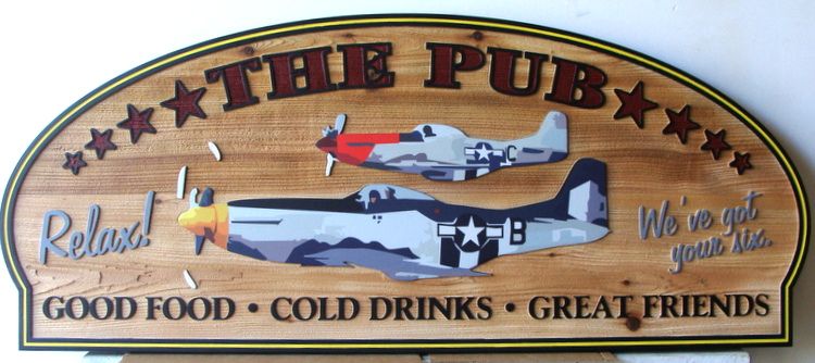Q25733 - Carved Cedar Restaurant Sign "The Pub" with WWII Fighter Aircraft