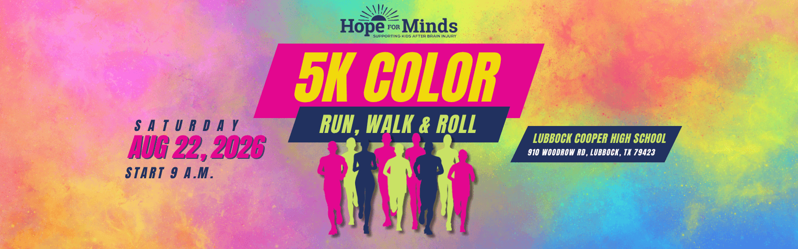 4 girls running through the Hope for Minds Color Run finish line with clouds of color surrounding them