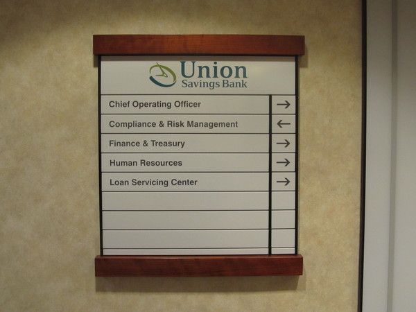 Interior Wall Mounted Floor Level Directional Signage, Inter-Changeable, Colored Panels with Cherry Wood Trim 