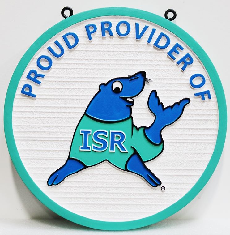 SA28836 -  Carved Sign  for the ISR Company, with its  Logo (a Seal) as Artwork.