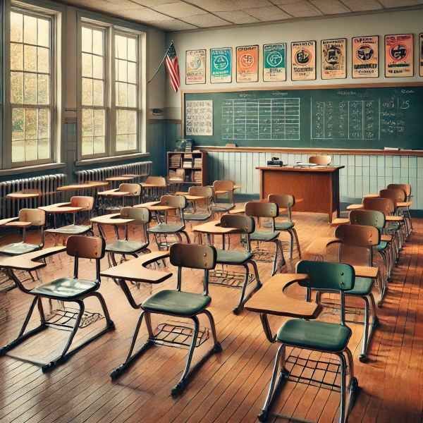 Here is a 1970s classroom setup with vintage chair-desk combos lined up in rows