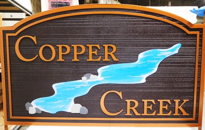 M22420- Carved and Sandblasted Cabin Name "Copper Creek" Sign with a Creek as Artwork  