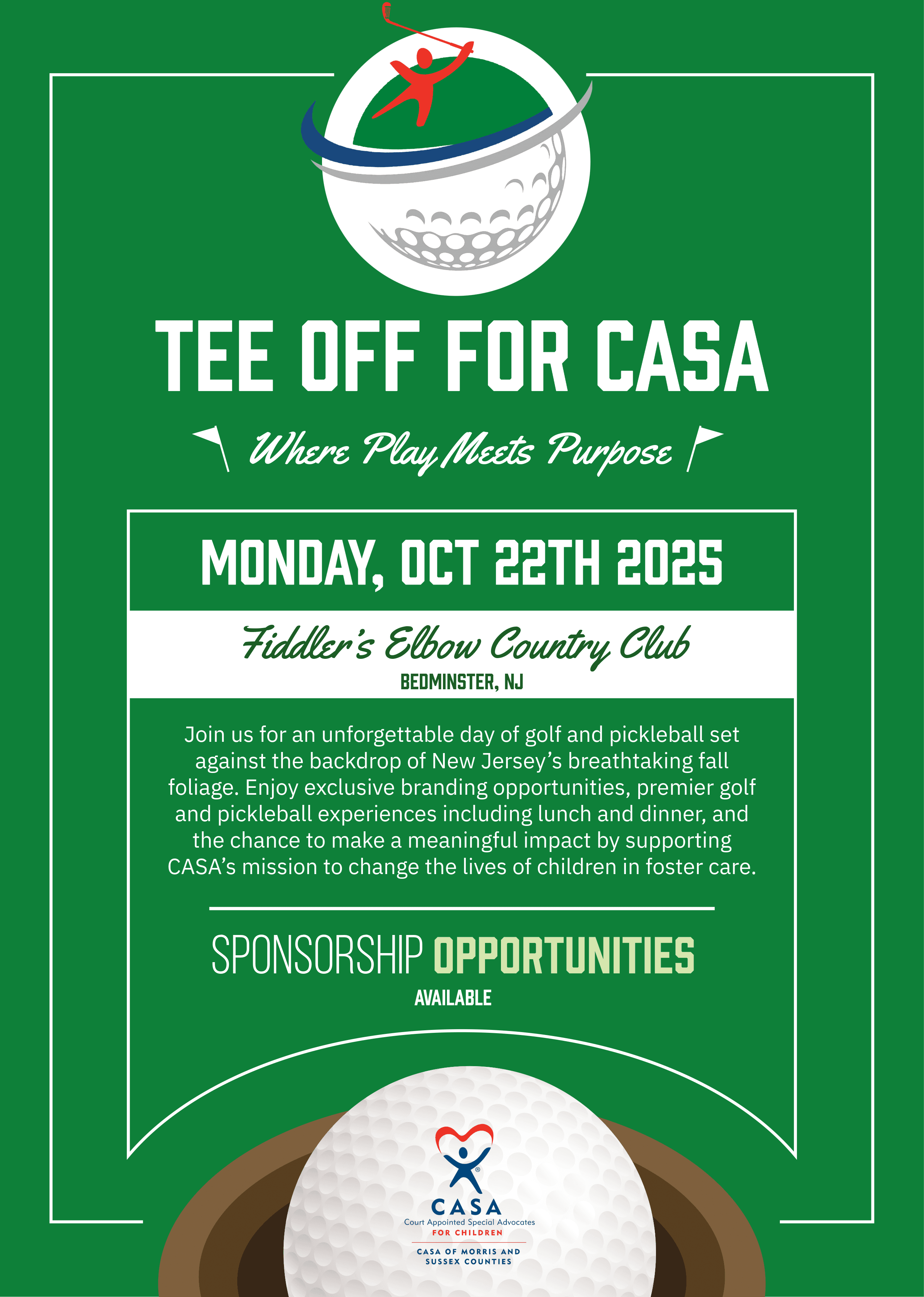 Join CASA of Morris and Sussex Counties for our annual Tee Off for CASA charity golf outing at Fiddler's Elbow. Enjoy a day on the green while supporting advocacy for children in foster care. Register, sponsor, or donate today!