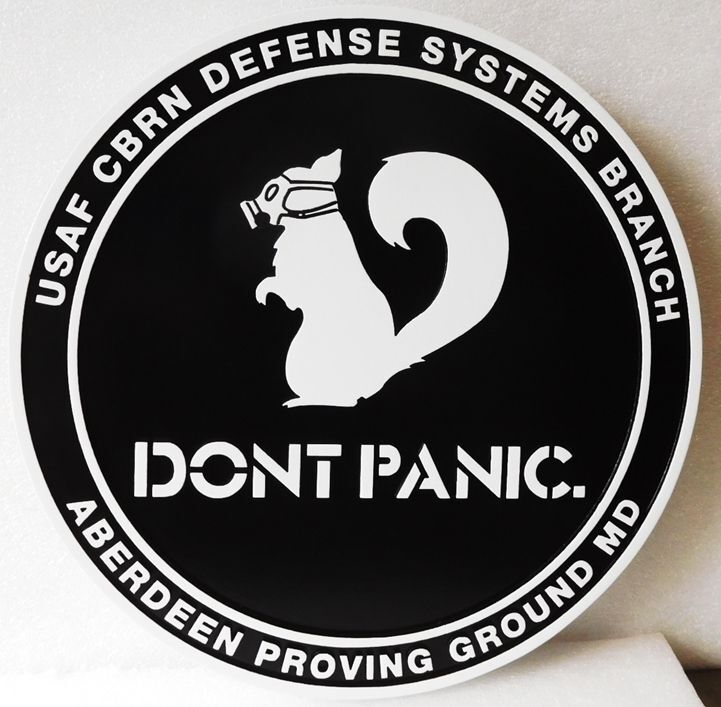 IP-1719 - Carved Plaque of the Crest of the CBRN Defense Systems Branch, Aberdeen Proving Ground, MD, 2.5-D Artist-Painted with Squirrel and Mask "Don't Panic"