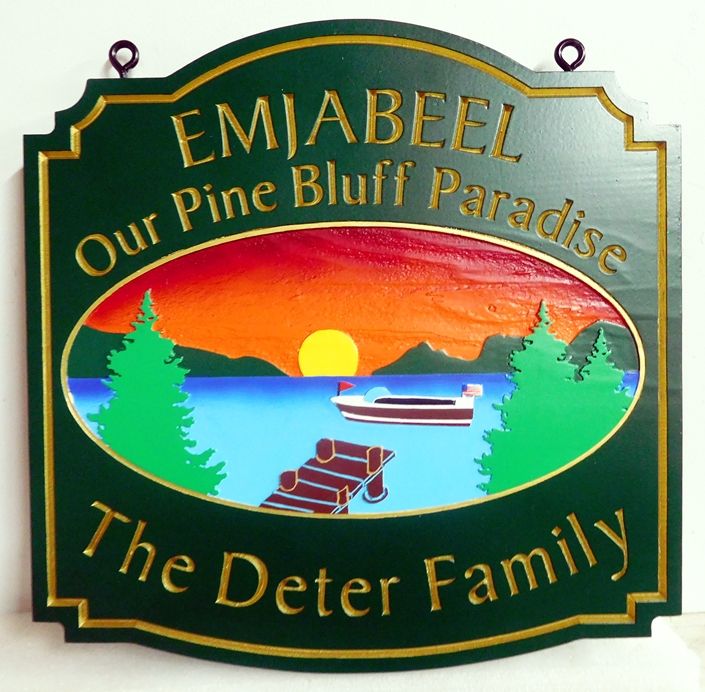 M22313 - Property Name and Address Sign "Embjabeel"  for Lakeside Home "Sanctuary" with Lake, Dock, Mountains, Trees and Setting Sun 