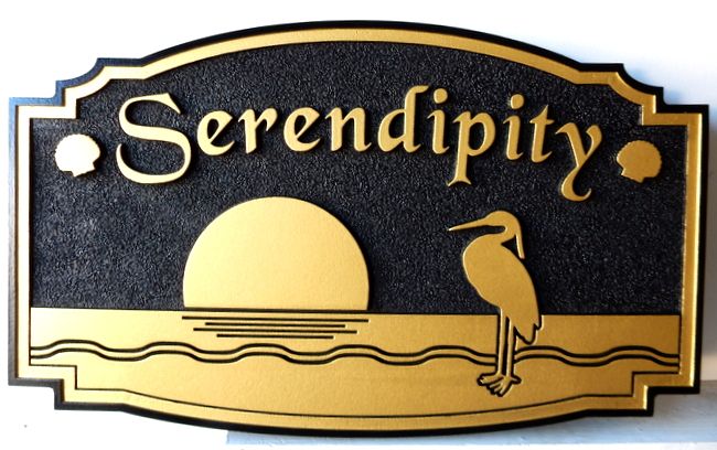 L21616 - Coastal Residence Sign "Serendipity" with Sun, Crane and Waves in Waterm Painted in Metallic Gold and Black