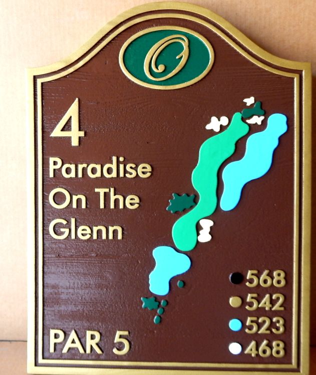 E14418  - Carved Cedar Wood Golf Course Tee Sign Showing Hole Layout 