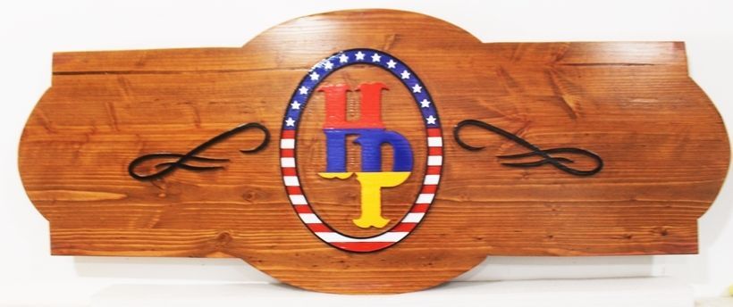 XP-2216 - Carved 2.5-D Cedar Plaque with Initials and American Flag Themed Circle