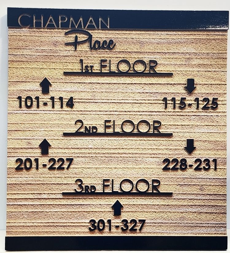 KA20859 - Carved and Sandblasted Wood Grain HDU Unit Number Building Directory Sign for the Chapman Place  Apartment Complex 