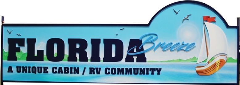 K20417 - Carved HDU Entrance Sign for the Florida  Breeze Cabin & RV Community., with a Coastal Scene and Sailboat as Artwork
