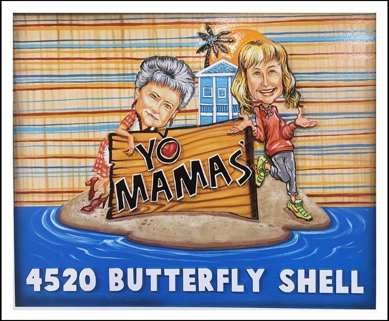 L21048  - Carved 2.5-D Multi-level HDU Beach House Address Sign, "Yo Mamas' ” ,with  Two Women on a Tropical Island as Artwork