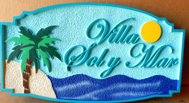 L21111 - Beach House Sign for "Villa Sol Y Mar" with Sun, Sky, Sea, Island and Palm Tree 