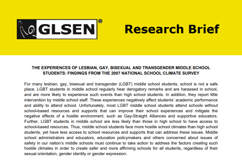 National School Climate. Survey: The experiences of lesbian, gay, bisexual and transgender Middle School
