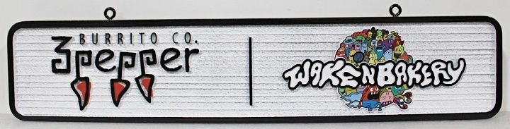 Q25604 - Carved and Sandblasted sign for "3 Pepper Burrito Co." & "WakeNBakery"