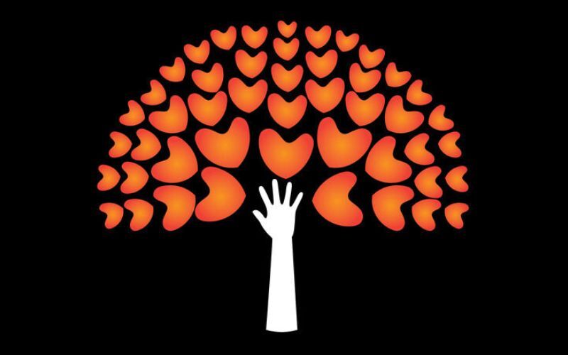 Tree of love hearts and hand in support - concept vector icon. This graphic also represents harmony hope humaneness balance empathy expansion growth