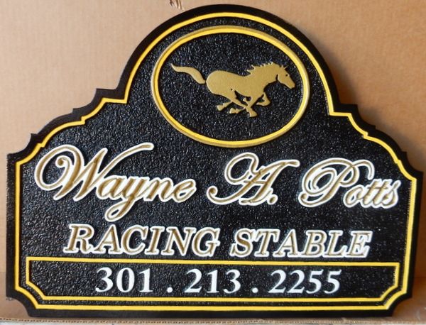 P25042 - Carved HDU Racing Stable Sign with Horse at Full Gallup