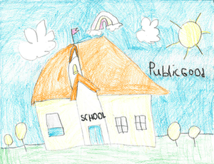 drawing of a school house and labeled as "public good"