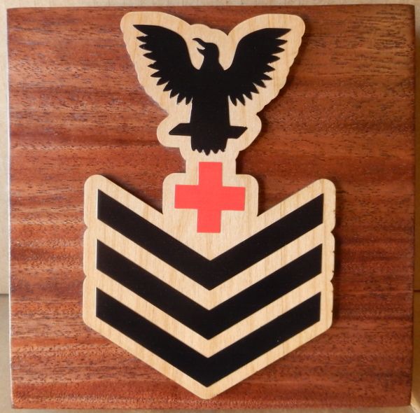 JP-2720 - Carved Plaque of Shoulder Rating Insignia for Naval  Petty Officer First Class (E-6), ,  Maple Wood on Mahogany Wood