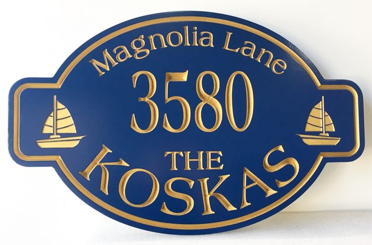 L21323 - Elegant  V-carved Engraved  HDU  Beach House Address and Name Sign "The Koskas ", with Two Sailboats 