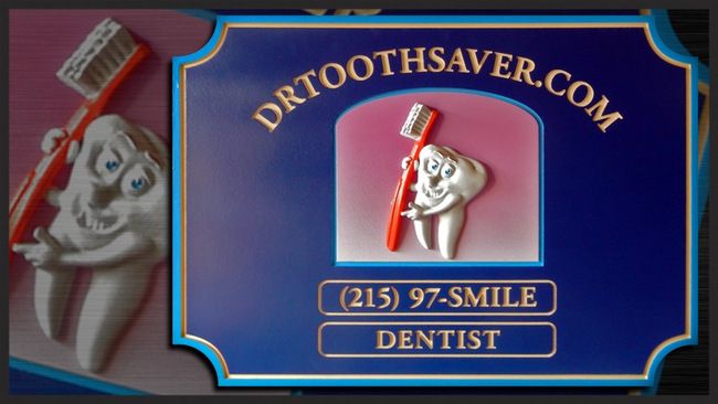 BA11560 - Carved and Engraved Dental Office Sign, with 3-D Tooth & Toothbrush and 24K Gold-leaf Gilded Text and Borders.