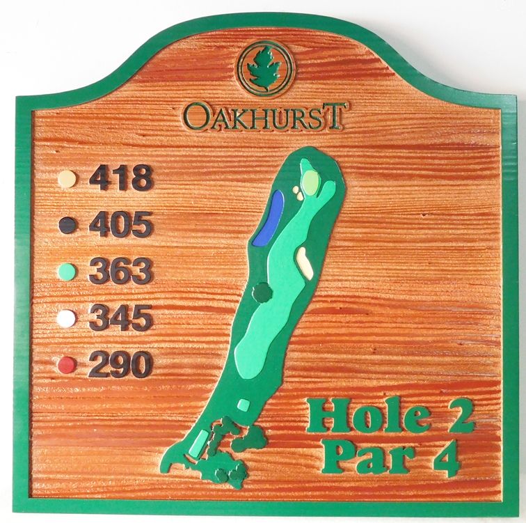 E14320 Carved and Sandblasted Cedar Wood Tee Sign the Oakhurst  Country Club, 2.5-D Multilevel Relief, with Hole Map and Yardage as Art 