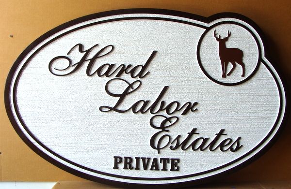 I18560 - Sandblasted HDU Property Name Sign. "Hard Labor Estates", with Deer