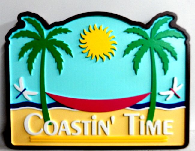 L21063 - Carved HDU Sign "Coastin' Time" with Hammock,  Palm Trees, Sun and Ocean