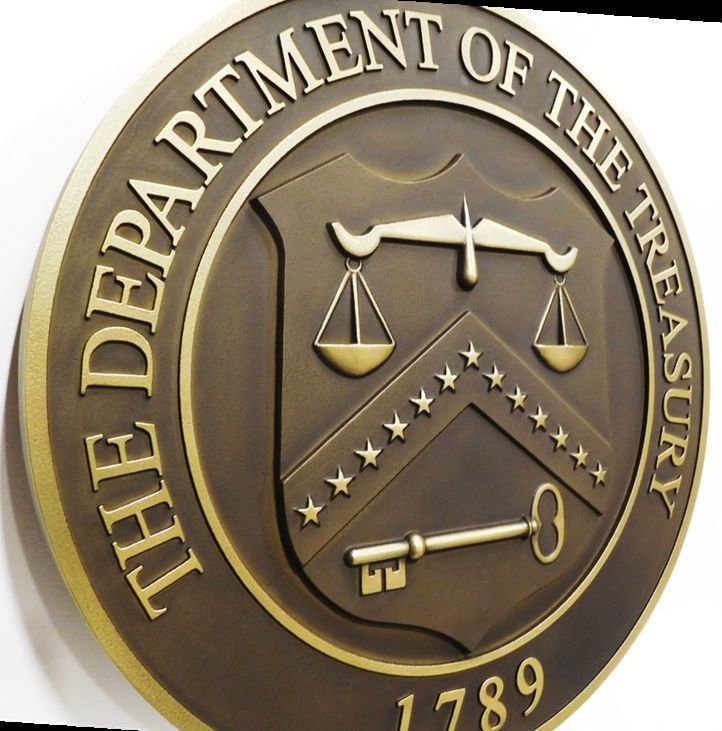 U30180A -  Side View of a 3-D Carved bas-relief Brass Metal Plated  HDU Wall Plaque of the Seal of the US Department of the Treasury