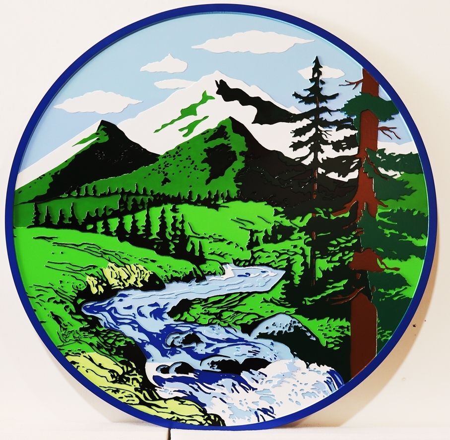 UP-3191 - Carved 2.5-D Multi-level Artist-Painted Plaque of the Emblem of an Outdoor Hiking & Backpacking Club , Featuring Mountains and a Creek