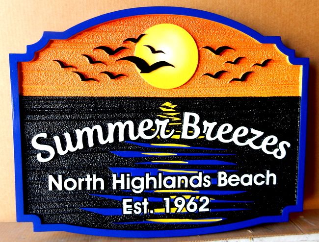 L21213 - Address Sign for "Summer Breezes" with Ocean, Birds, Sun and Sun's Reflection on Water